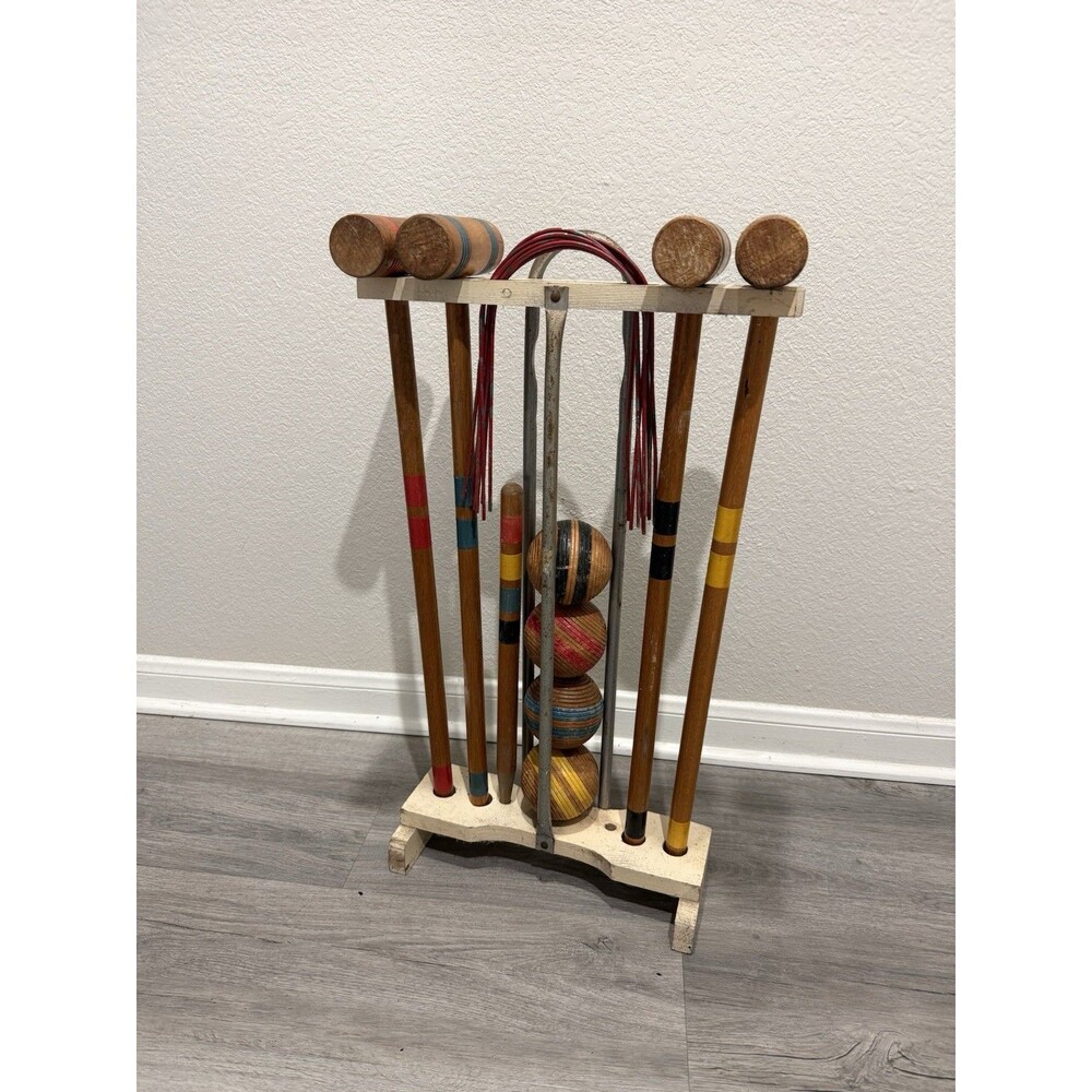 Vintage Wood Croquet Set with Stand 4 Mallets 4 Balls 1 Peg 9 Wickets 🔥